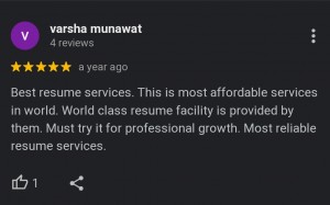 Google 5 star review: Best resume services. This the most affordable services in the world. World class resume facility is provided by them. Must try it for professional growth. Most reliable resume service.